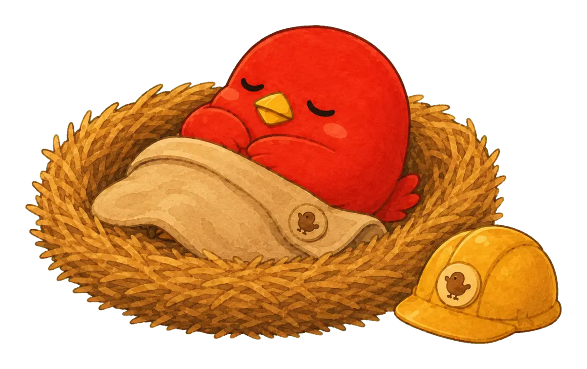 仕事を終え、毛布をかけて巣で眠る小鳥
