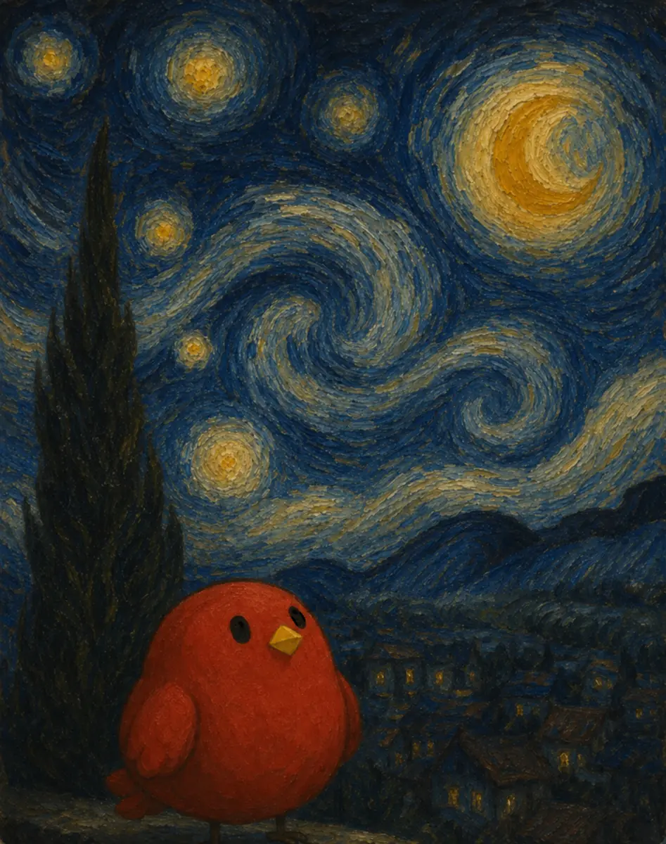 渦巻く星空の下に立つ赤い小鳥