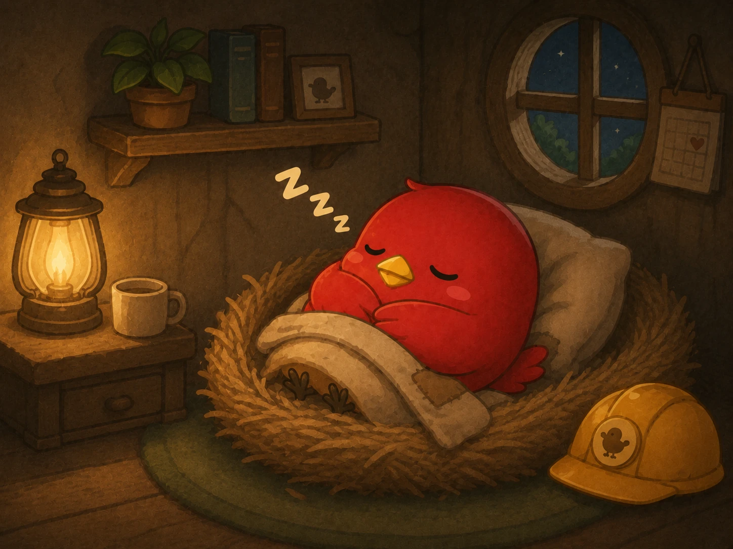 家の中の巣で眠る赤い小鳥